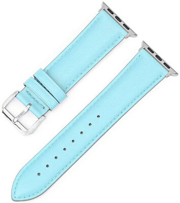 Cinturino per Apple Watch, in pelle, azzurro, fibbia argento (cassa 38/40/41mm)