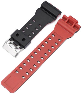 Cinturino per Casio G-Shock, in plastica, rosso-nero, fibbia argento (per i modelli GA-100, GA-110, GD-120, GLS-100)