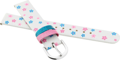 Cinturino in pelle per bambini 14mm, bianco, fibbia argento (con motivo di fiori)