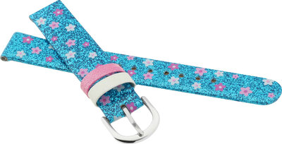 Cinturino in pelle per bambini 14mm, blu, fibbia argento (con motivo di fiori)