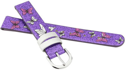 Cinturino in poliuretano per bambini 14mm, viola, fibbia argento (con motivo di farfalla)