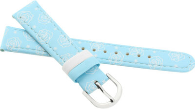 Cinturino in pelle per bambini 16mm, blu, fibbia argento (con motivo di rose)