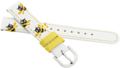 Cinturino in pelle per bambini 15mm, bianco, fibbia argento (con motivo di api)