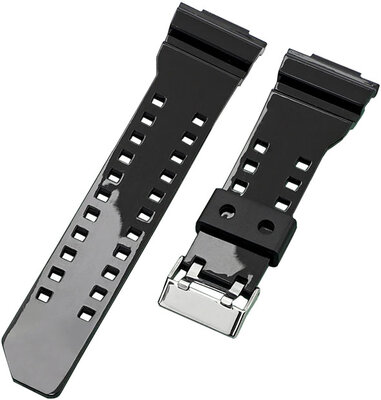 Cinturino per Casio G-Shock, in plastica, nero lucido, fibbia argento (per i modelli GA-100, GA-110, GD-120, GLS-100)
